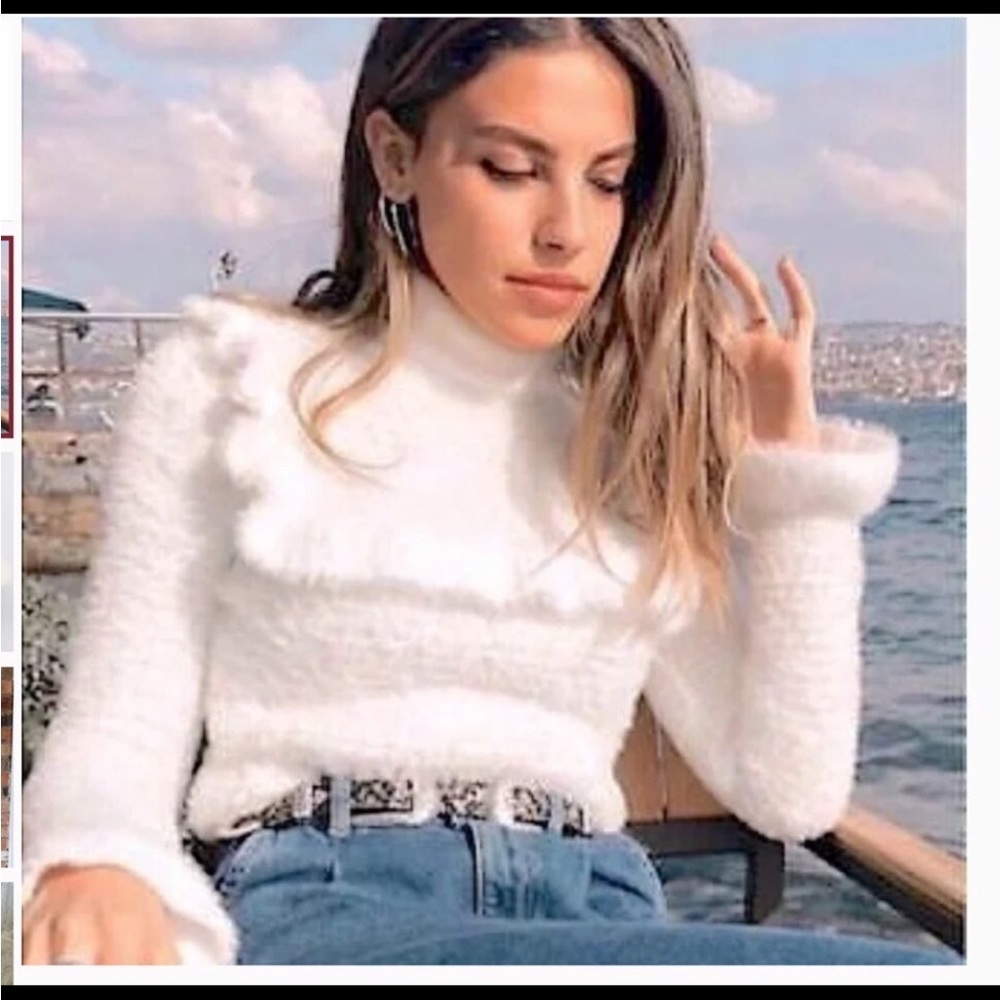 Zara Cream Gold Metallic Fuzzy Ruffled Turtleneck Sweater